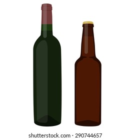 Wine bottle and brown beer bottle vector illustration. Bottles with alcohol. Red wine and dark beer