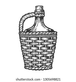 Wine bottle carboy with basket and handle weaving engraving vector illustration. Scratch board style imitation. Hand drawn image.