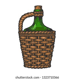 Wine bottle carboy with basket and handle weaving color sketch engraving vector illustration. Scratch board style imitation. Hand drawn image.
