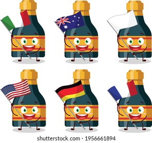 Wine bottle cartoon character bring the flags of various countries