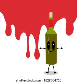 wine bottle cartoon character holding thumbs up as a gesture of approval he stands against the background of drops of popular alcoholic beverage