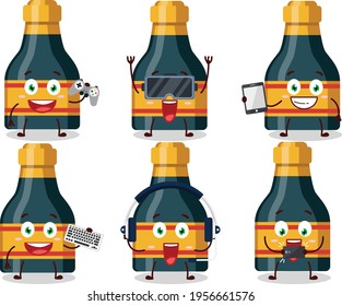 wine bottle cartoon character are playing games with various cute emoticons