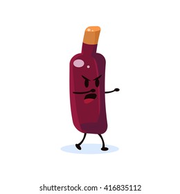 Wine Bottle Cartoon Character  Simple Flat Vector Drawing In Childish Fun Style Isolated On White Background