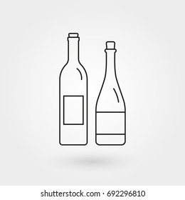 Wine Bottle With Champagne Bottle Outline Icon. Minimal Line Design. Vector Illustration.