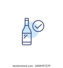 Weinflasche und Häkchen. Qualitätsgetränke, zugelassener Alkohol. Pixel perfekt, bearbeitbares Strichvektorsymbol