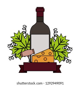 wine bottle cheese corkscrew and leaves vector illustration