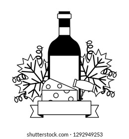 wine bottle cheese corkscrew and leaves vector illustration
