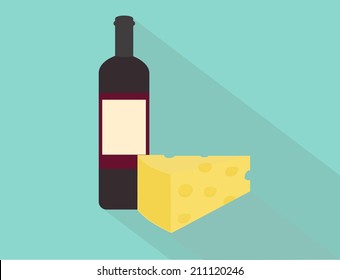 Wine Bottle And Cheese. Flat Design Vector.