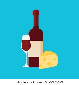 Wine bottle and cheese flat icon with long shadow isolated on blue background. Simple alcoholic drink in flat style, vector illustration. Can be used in banners, posters and restaurant menu.