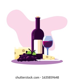 Wine bottle cheese grapes and cup design, Winery alcohol drink beverage restaurant and celebration theme Vector illustration