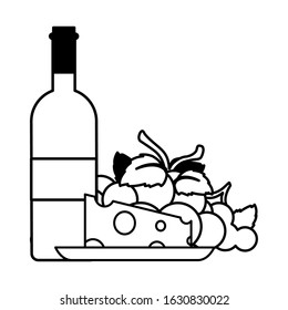 wine bottle with cheese and grapes on white background vector illustration design