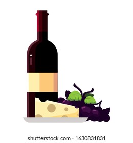 wine bottle with cheese and grapes on white background vector illustration design