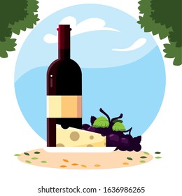 wine bottle with cheese and grapes vector illustration design