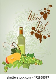 Wine bottle, cheese and green grapes and leaves on beige floral ornamental background. Calligraphic handdrawn text Wine list. Element for restaurant, bar, cafe menu or label.