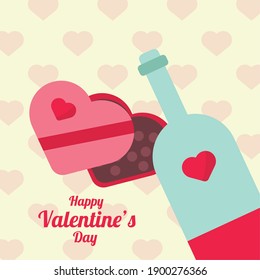 wine bottle and chocolate candies box with hearts love vector illustration design