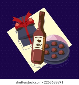 wine bottle and chocolates with gift