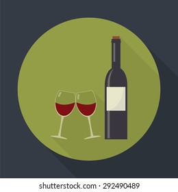 Wine bottle and clink glasses wine glasses  flat round icon with long shadows.