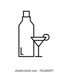 Wine bottle and wine cocktail glass vector with outline isolated on white background.
