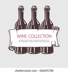 Wine bottle collection with banner. Vector handdrawn sketch illustration.