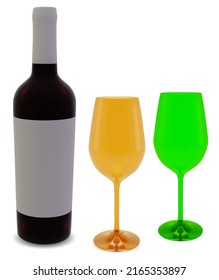Botella de vino con copas de color. Imagen vectorial.