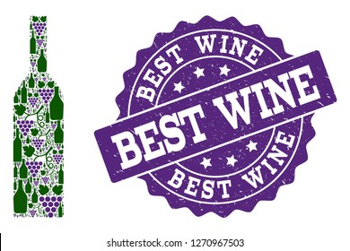 Wine bottle composition of alcohol bottles and grape and grunge stamp seal. Isolated vectors in green and purple colors on a white background for bars, alcohol shop banners, ads, concepts.