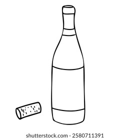 Wine Bottle with Cork in Doodle style. Hand drawn Vector illustration isolated on white background. Line art. For menu, logo, cards or poster design