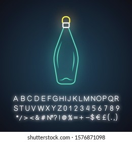 Wine bottle with cork neon light icon. Winery service. Delicious aperitif, alcohol drink, beverage. Glowing sign with alphabet, numbers and symbols. Vector isolated illustration