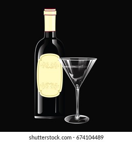 Wine bottle with cork, vintage label, glass, - realistic - isolated on black background - art creative vector illustration.