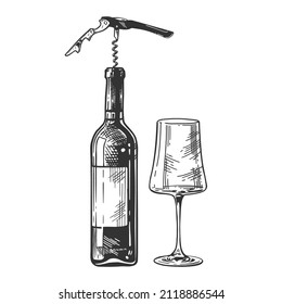 Wine bottle, corkscrew and wine glass isolated on white background, hand-drawing. Vector vintage engraved illustration.