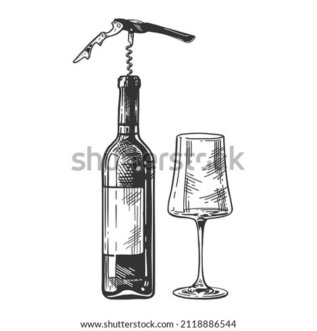Wine bottle, corkscrew and wine glass isolated on white background, hand-drawing. Vector vintage engraved illustration.