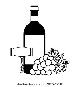 wine bottle corkscrew grapes on white background vector illustration
