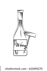 wine bottle and corkscrew over white background. vector illustration