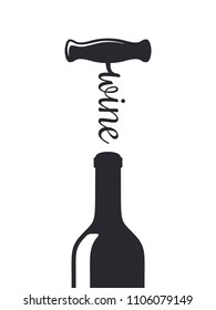 Wine Bottle With Wine Corkscrew Shape Silhouette On White Background