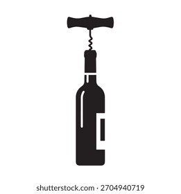Botella de vino y Ilustración vectorial de la silueta del sacacorchos para el diseño del menú de la barra