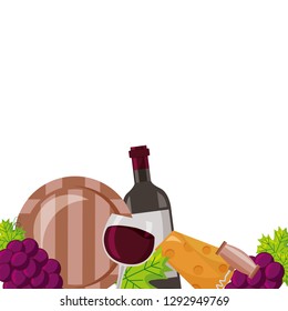 wine bottle cup barrel cheese crokscrew grapes vector illustration