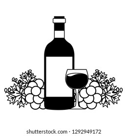 wine bottle cup bunch fresh grapes vector illustration