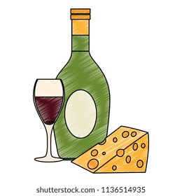 wine bottle with cup and cheese