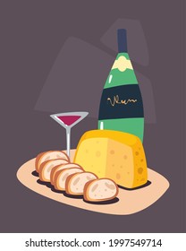 wine bottle cup cheese and bread