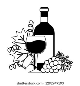 wine bottle cup corkscrew bunch fresh grapes vector illustration