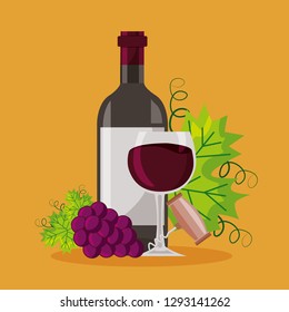 wine bottle cup corkscrew bunch fresh grapes