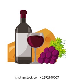 wine bottle cup fresh grapes and cheese vector illustration