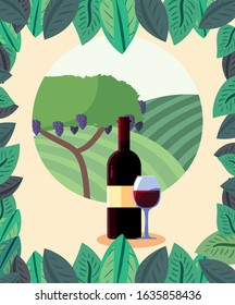 Wine bottle and cup in front of grapes tree design, Winery alcohol drink beverage restaurant and celebration theme Vector illustration