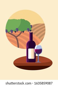 Wine bottle and cup in front of grapes tree design, Winery alcohol drink beverage restaurant and celebration theme Vector illustration