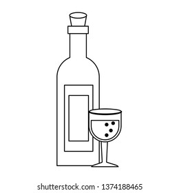 Wine bottle and cup isolated in black and white
