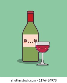 wine bottle and cup kawaii character
