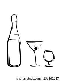 wine bottle and cup set/aperitif/ black white vector illustration