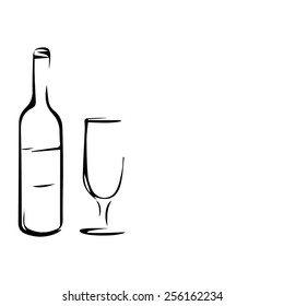 wine bottle and cup set/aperitif/ black white vector illustration