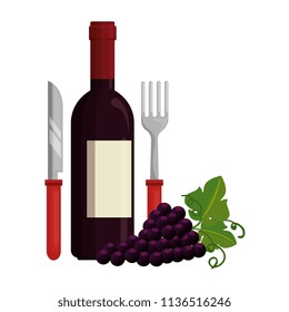 wine bottle with cutleries and grapes