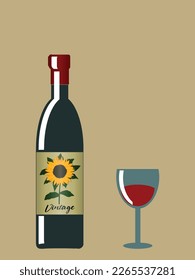 Wine Bottle With Decorated Label With Sunflower And Vintage Text And Wine Glass With Red Wine Over Retro Light Brown Background