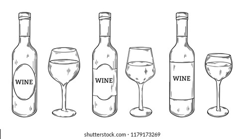 wine bottle with different shapes of label and wine glasses hand drawn sketch style illustration isolated on white background 